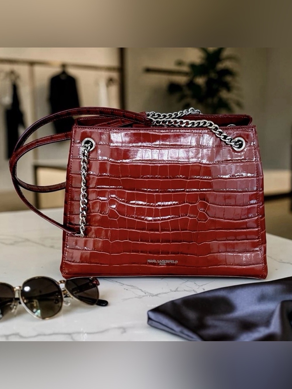 Karl Lagerfeld Burgundy Croc-Embossed Leather Shoulder Bag with Silver Chain
